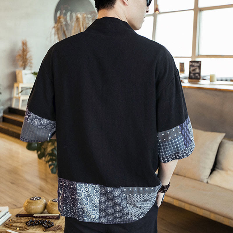 Veste ouverte sur le devant en coton et lin pour homme, kimono à imprimé ethnique patchwork avec Buddha Stones