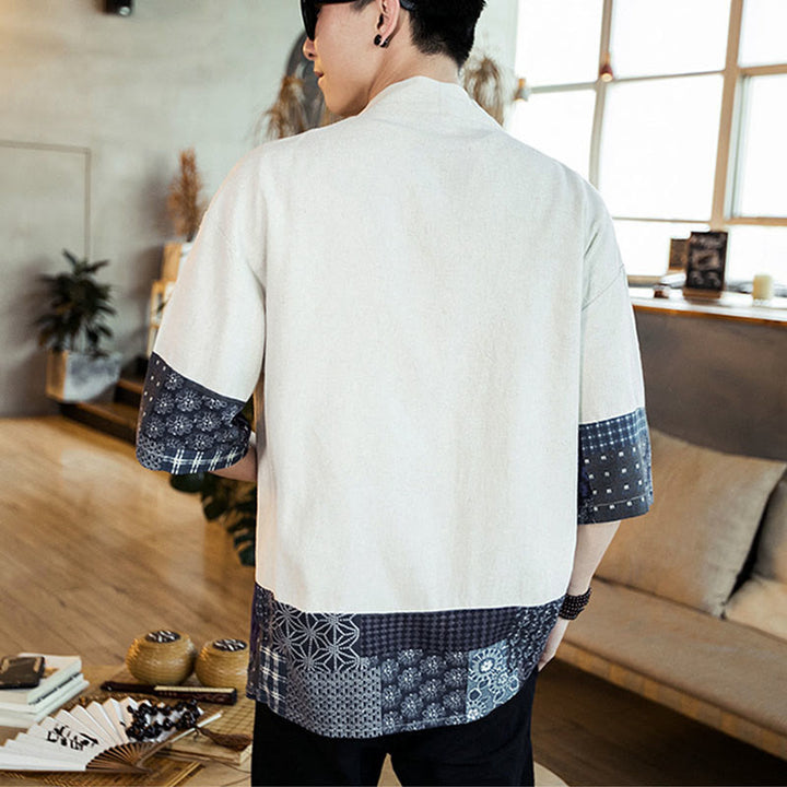 Veste ouverte sur le devant en coton et lin pour homme, kimono à imprimé ethnique patchwork avec Buddha Stones