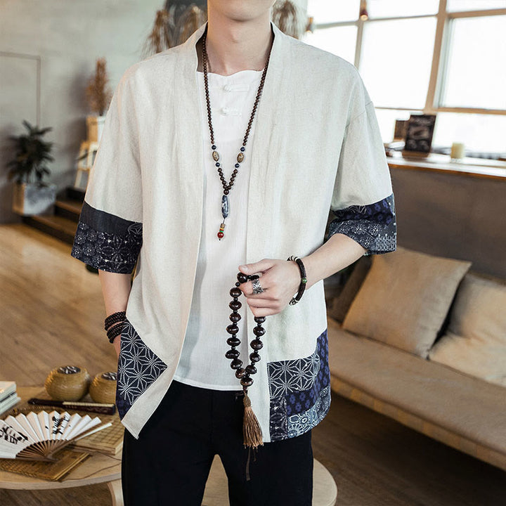 Veste ouverte sur le devant en coton et lin pour homme, kimono à imprimé ethnique patchwork avec Buddha Stones
