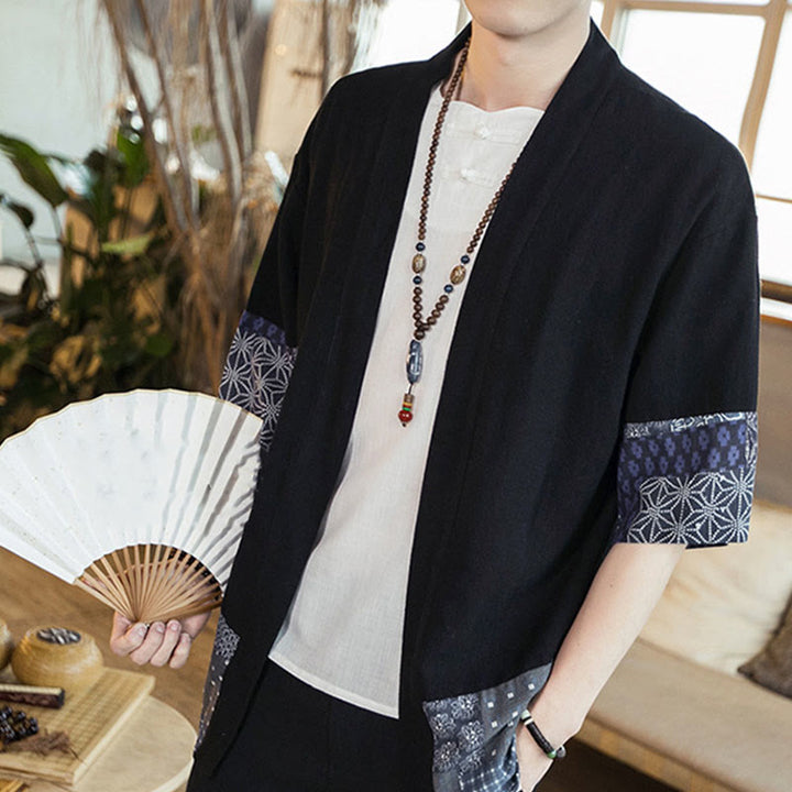 Veste ouverte sur le devant en coton et lin pour homme, kimono à imprimé ethnique patchwork avec Buddha Stones