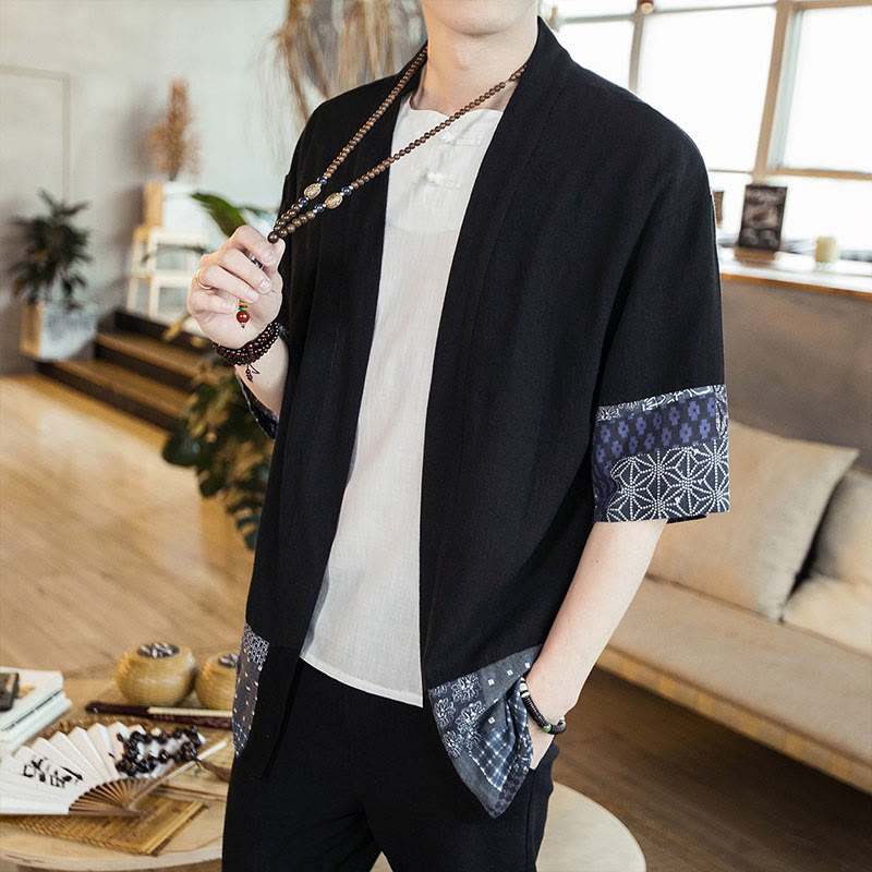 Veste ouverte sur le devant en coton et lin pour homme, kimono à imprimé ethnique patchwork avec Buddha Stones