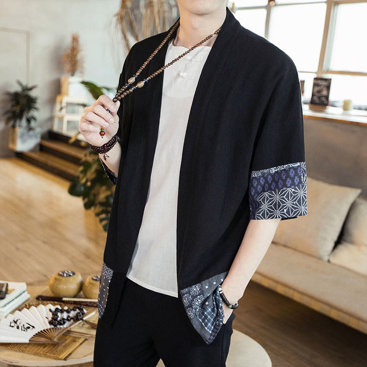 Veste ouverte sur le devant en coton et lin pour homme, kimono à imprimé ethnique patchwork avec Buddha Stones