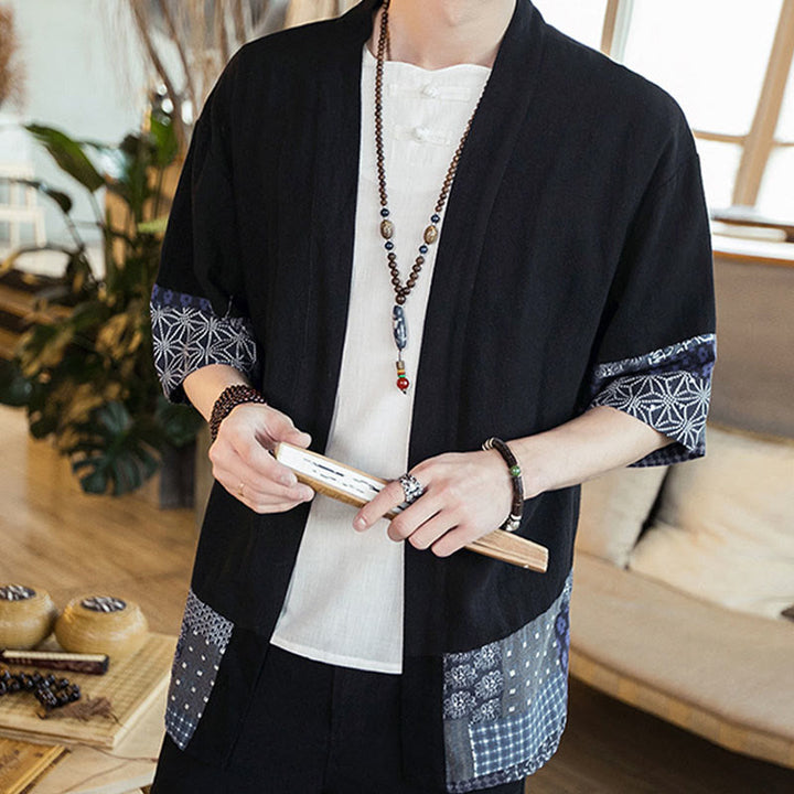 Veste ouverte sur le devant en coton et lin pour homme, kimono à imprimé ethnique patchwork avec Buddha Stones