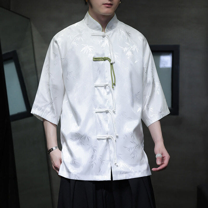 Chemise en coton pour homme, Buddha Stones jacquard de bambou, manches trois-quarts, boutons grenouille - image 12