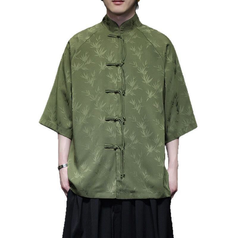 Chemise en coton pour homme, Buddha Stones jacquard de bambou, manches trois-quarts, boutons grenouille - image 26