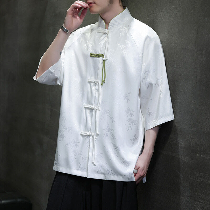 Chemise en coton pour homme, Buddha Stones jacquard de bambou, manches trois-quarts, boutons grenouille - image 8