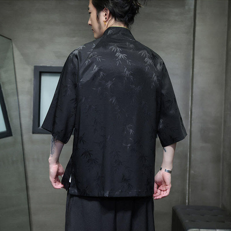 Chemise en coton pour homme, Buddha Stones jacquard de bambou, manches trois-quarts, boutons grenouille - image 5