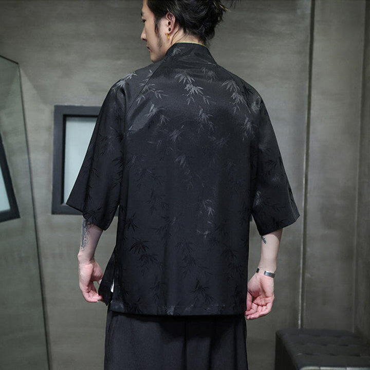 Chemise en coton pour homme, Buddha Stones jacquard de bambou, manches trois-quarts, boutons grenouille - image 5