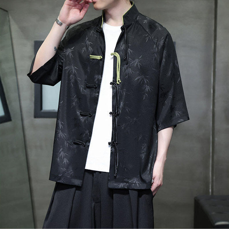 Chemise en coton pour homme, Buddha Stones jacquard de bambou, manches trois-quarts, boutons grenouille - image 2