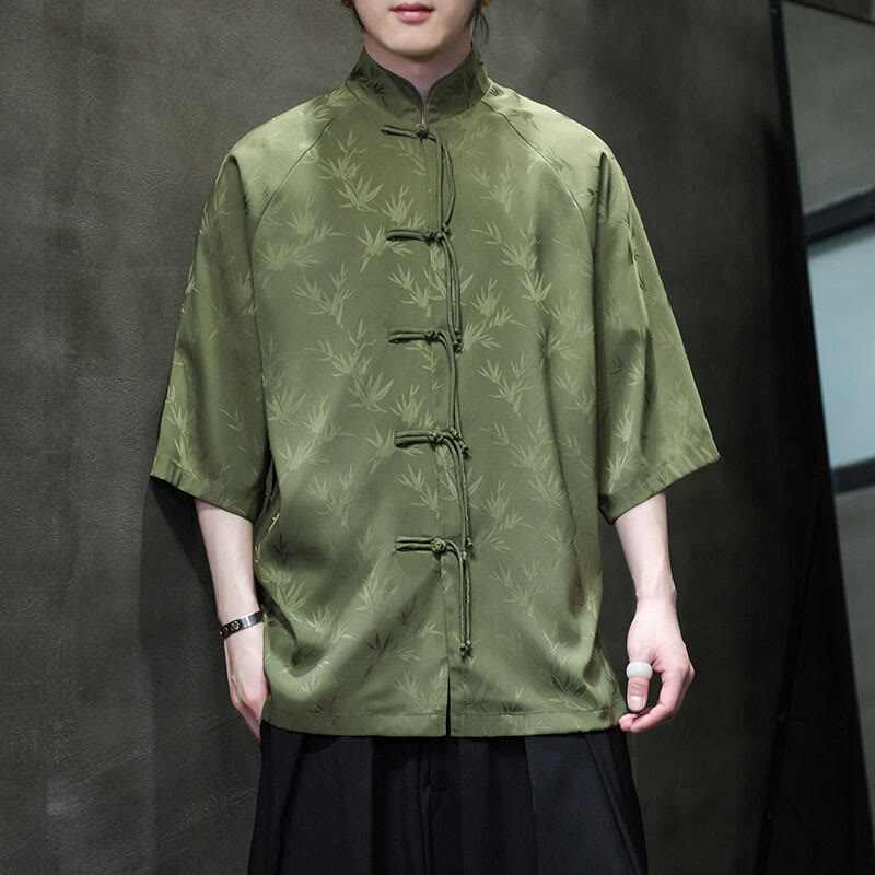 Chemise en coton pour homme, Buddha Stones jacquard de bambou, manches trois-quarts, boutons grenouille - OliveDrab - US/UK/AU46，EU56 (5XL) - image 18