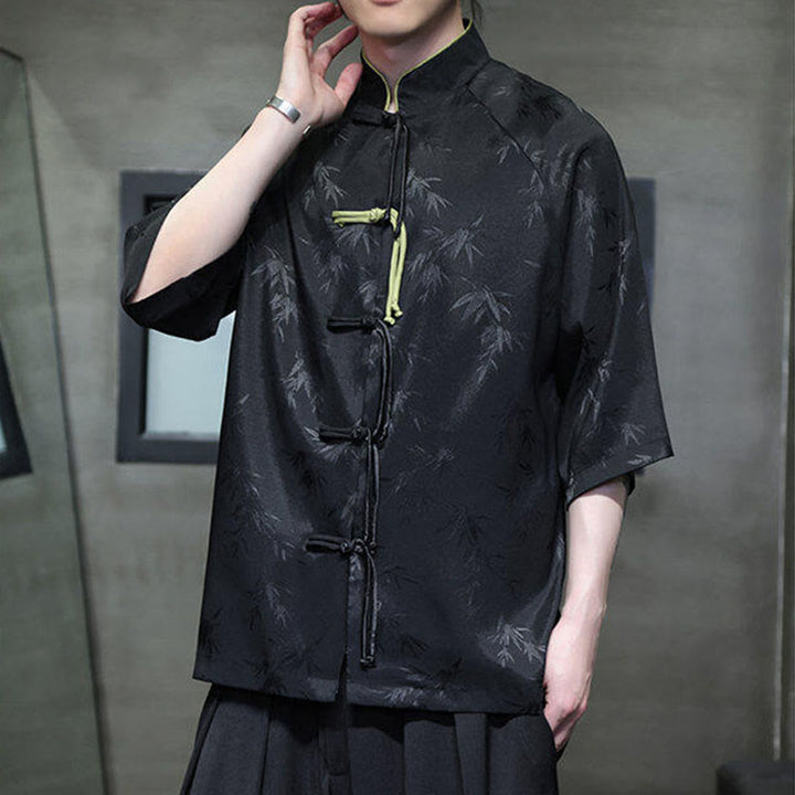 Chemise en coton pour homme, Buddha Stones jacquard de bambou, manches trois-quarts, boutons grenouille - image 4