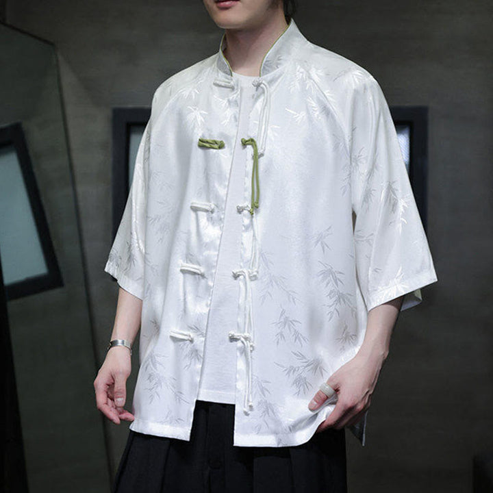 Chemise en coton pour homme, Buddha Stones jacquard de bambou, manches trois-quarts, boutons grenouille - image 9
