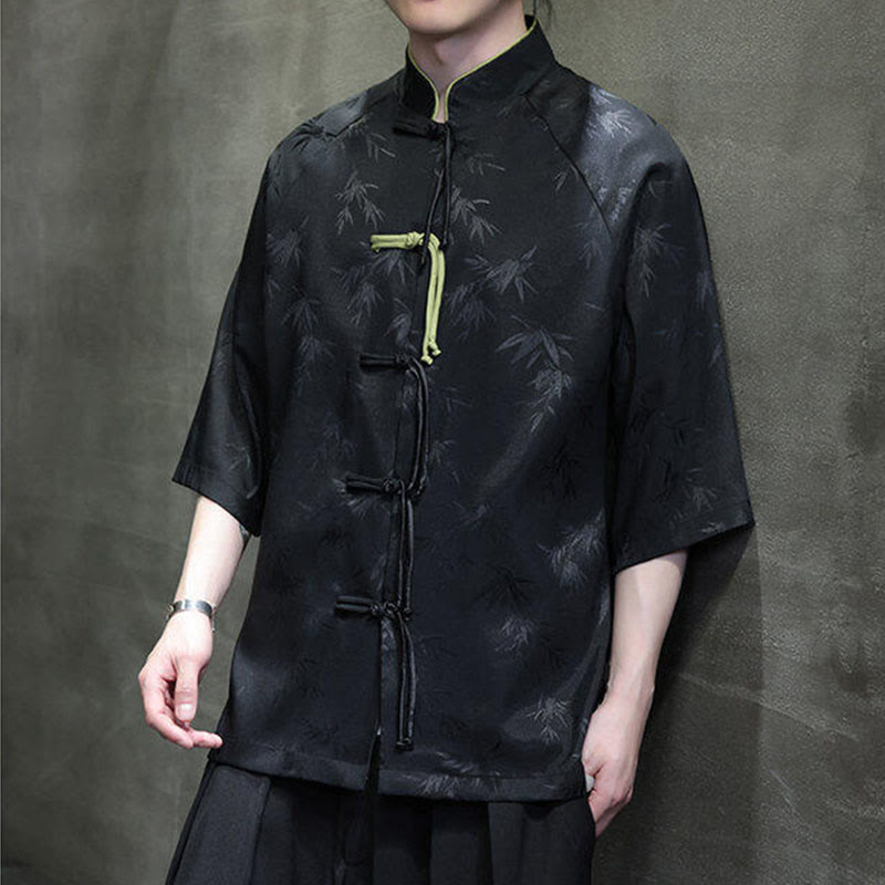 Chemise en coton pour homme, Buddha Stones jacquard de bambou, manches trois-quarts, boutons grenouille - image 3