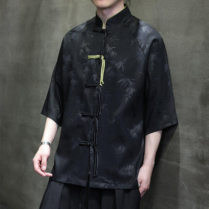 Chemise en coton pour homme, Buddha Stones jacquard de bambou, manches trois-quarts, boutons grenouille - image 3