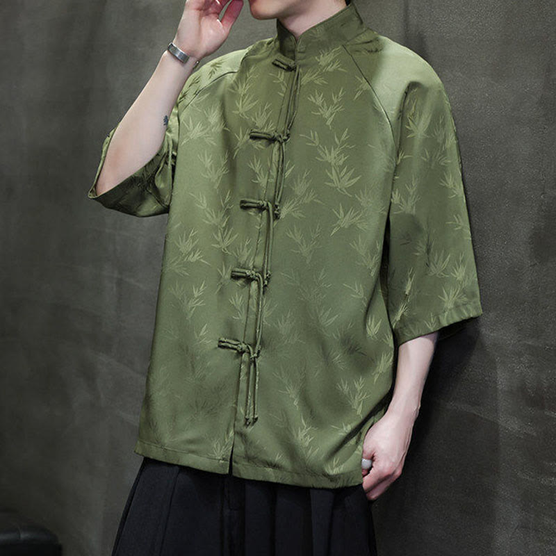 Chemise en coton pour homme, Buddha Stones jacquard de bambou, manches trois-quarts, boutons grenouille - image 21