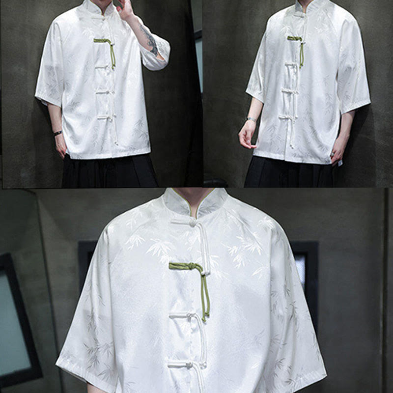 Chemise en coton pour homme, Buddha Stones jacquard de bambou, manches trois-quarts, boutons grenouille - image 14