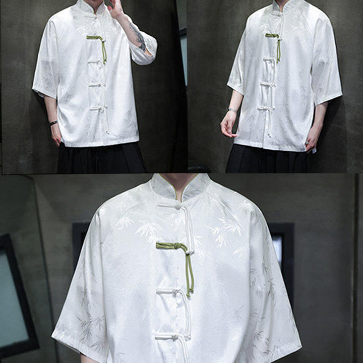 Chemise en coton pour homme, Buddha Stones jacquard de bambou, manches trois-quarts, boutons grenouille - image 14
