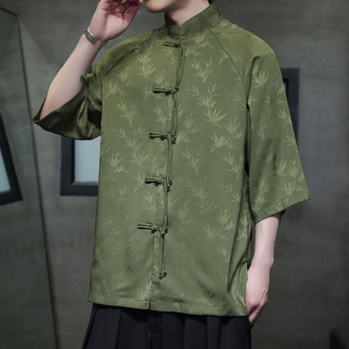 Chemise en coton pour homme, Buddha Stones jacquard de bambou, manches trois-quarts, boutons grenouille - image 19