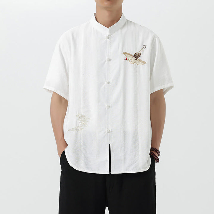 Chemise en coton pour homme, manches mi-longues, col montant, broderie vintage, boutons, Buddha Stones - Blanc - US/UK/AU42，EU52 (3XL) - image 8