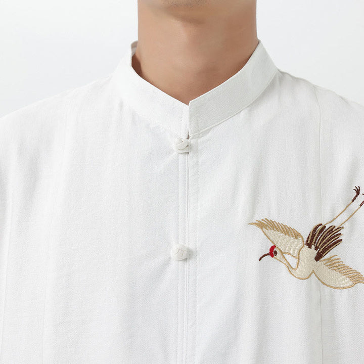 Chemise en coton pour homme, manches mi-longues, col montant, broderie vintage, boutons, Buddha Stones - image 16