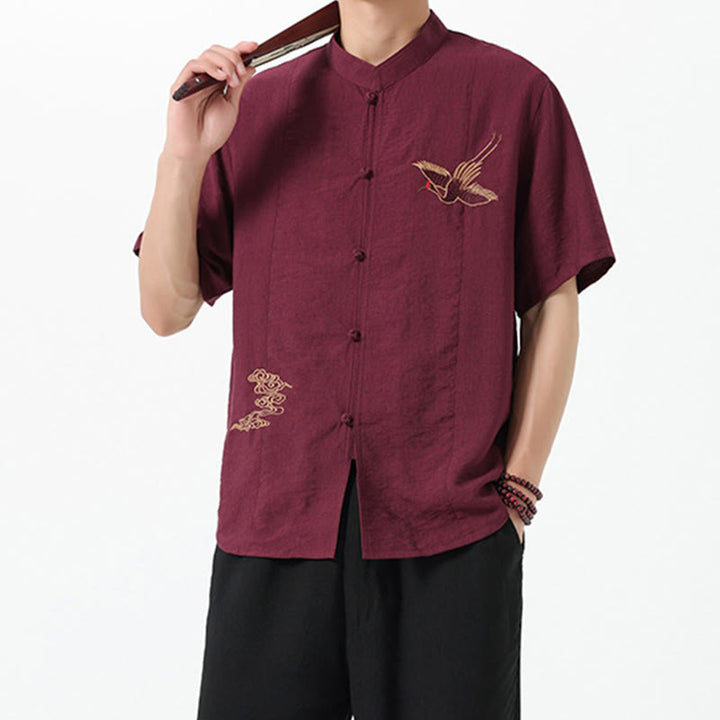 Chemise en coton pour homme, manches mi-longues, col montant, broderie vintage, boutons, Buddha Stones - image 4