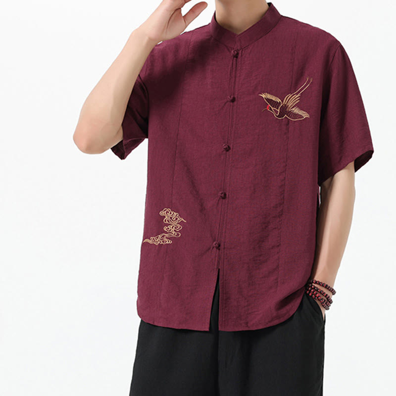 Chemise en coton pour homme, manches mi-longues, col montant, broderie vintage, boutons, Buddha Stones - image 2