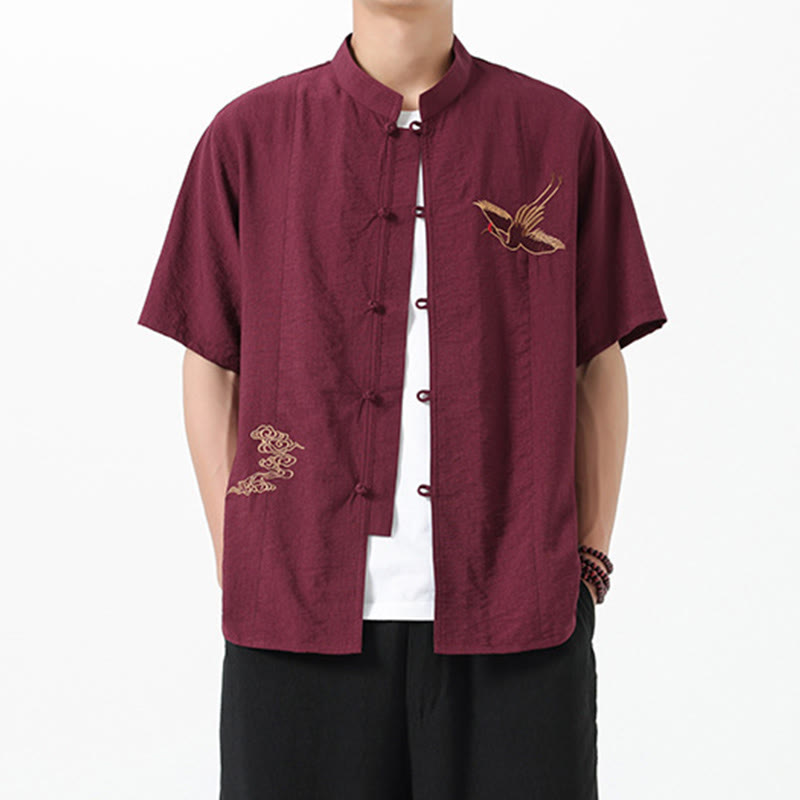 Chemise en coton pour homme, manches mi-longues, col montant, broderie vintage, boutons, Buddha Stones - Brun - US/UK/AU42，EU52 (3XL) - image 1