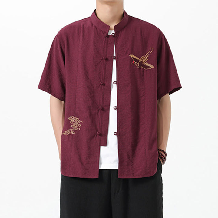 Chemise en coton pour homme, manches mi-longues, col montant, broderie vintage, boutons, Buddha Stones - Brun - US/UK/AU42，EU52 (3XL) - image 1