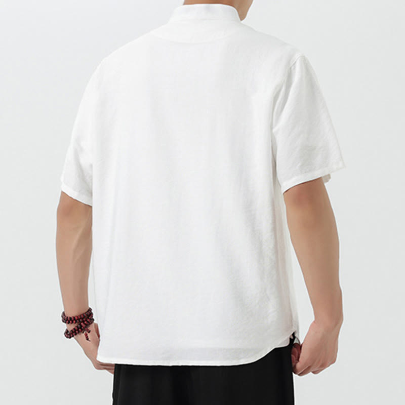 Chemise en coton pour homme, manches mi-longues, col montant, broderie vintage, boutons, Buddha Stones - image 13