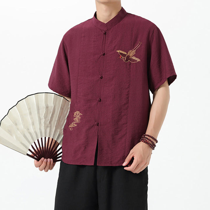 Chemise en coton pour homme, manches mi-longues, col montant, broderie vintage, boutons, Buddha Stones - image 6