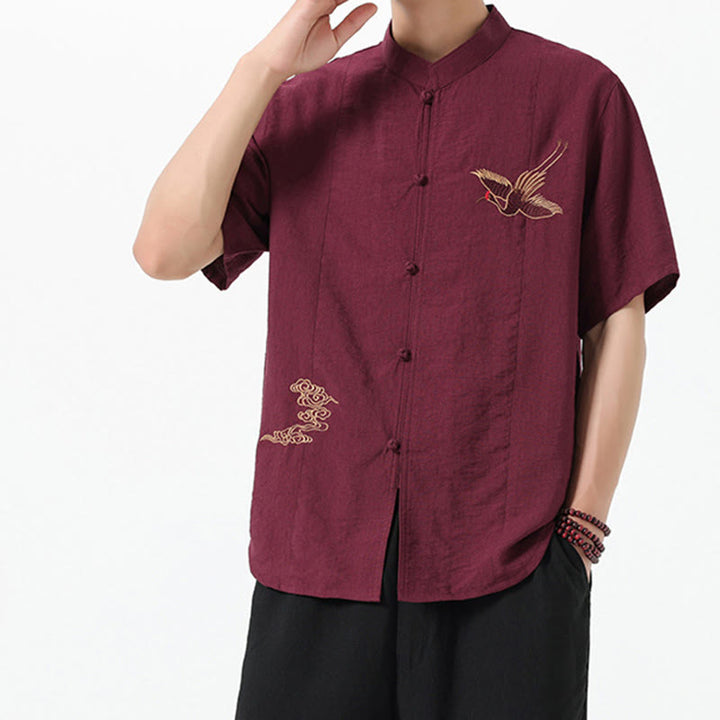 Chemise en coton pour homme, manches mi-longues, col montant, broderie vintage, boutons, Buddha Stones - image 3