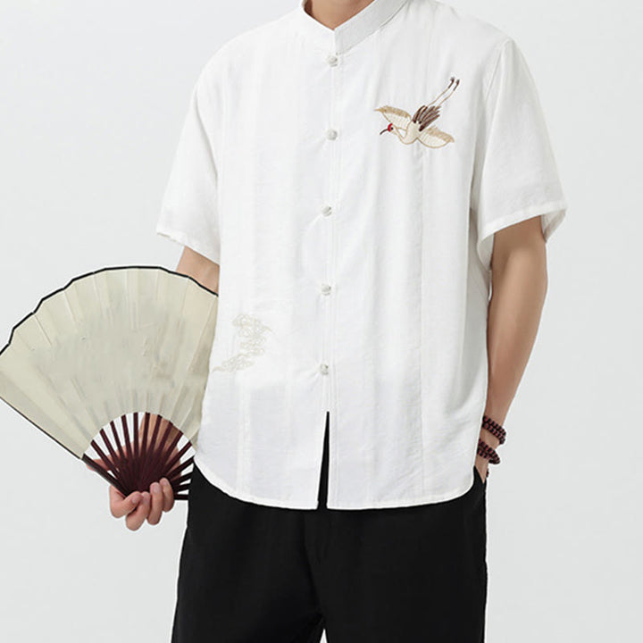 Chemise en coton pour homme, manches mi-longues, col montant, broderie vintage, boutons, Buddha Stones - image 15