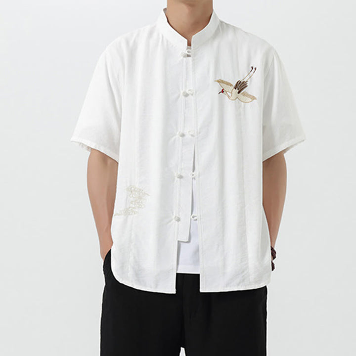 Chemise en coton pour homme, manches mi-longues, col montant, broderie vintage, boutons, Buddha Stones - image 10