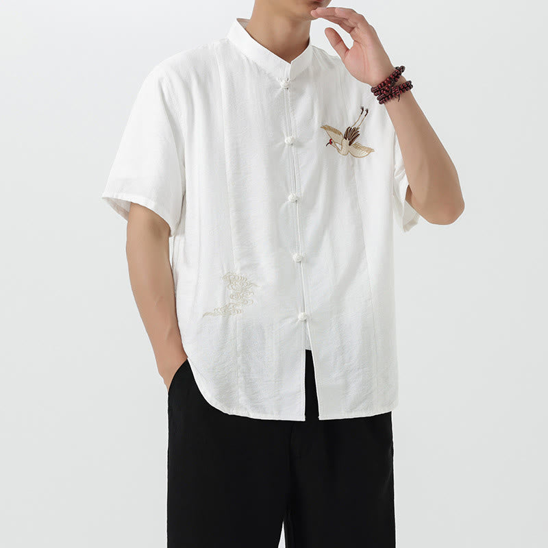 Chemise en coton pour homme, manches mi-longues, col montant, broderie vintage, boutons, Buddha Stones - image 11