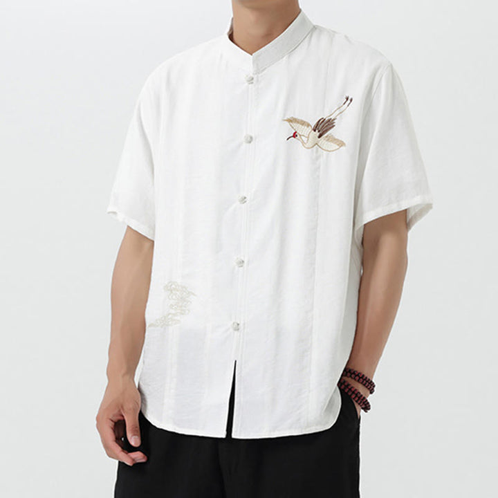 Chemise en coton pour homme, manches mi-longues, col montant, broderie vintage, boutons, Buddha Stones - image 12