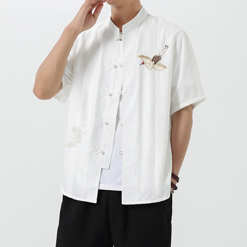 Chemise en coton pour homme, manches mi-longues, col montant, broderie vintage, boutons, Buddha Stones - image 9