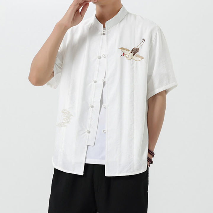 Chemise en coton pour homme, manches mi-longues, col montant, broderie vintage, boutons, Buddha Stones - image 9