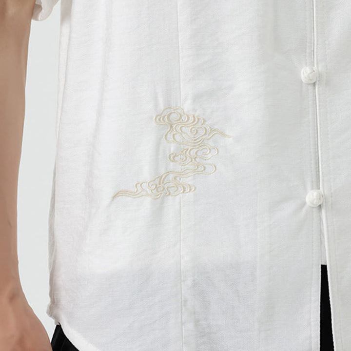 Chemise en coton pour homme, manches mi-longues, col montant, broderie vintage, boutons, Buddha Stones - image 18