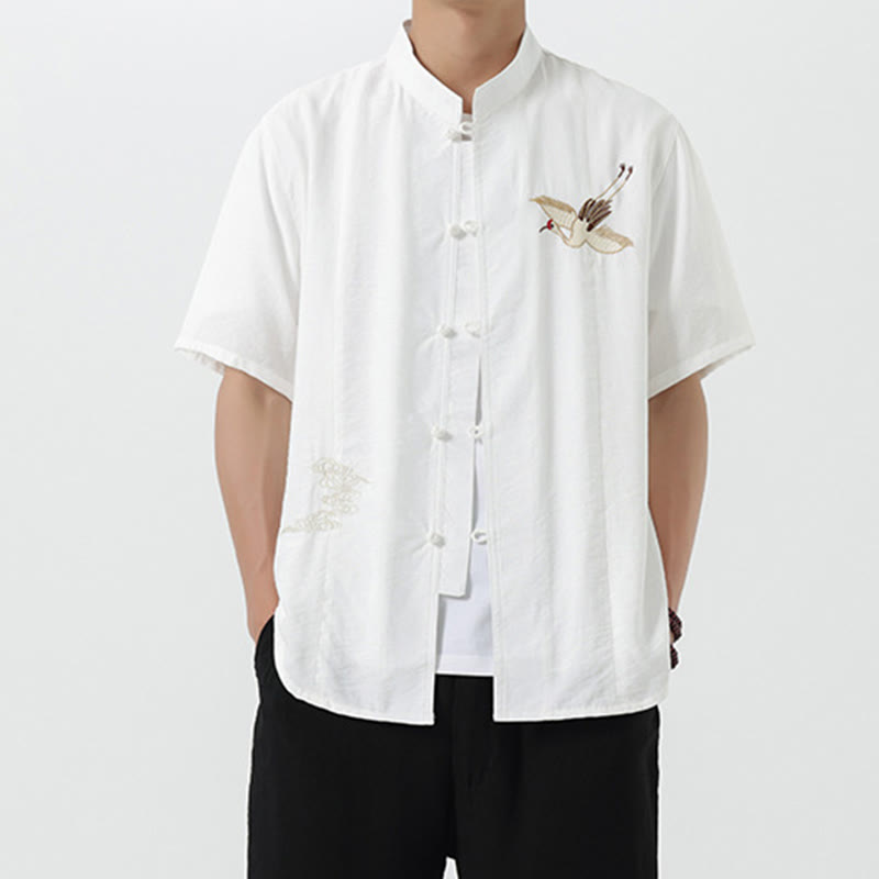 Chemise en coton pour homme, manches mi-longues, col montant, broderie vintage, boutons, Buddha Stones - image 11
