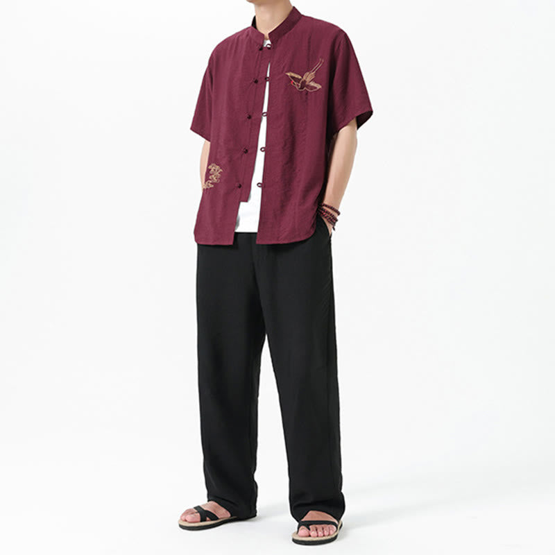 Chemise en coton pour homme, manches mi-longues, col montant, broderie vintage, boutons, Buddha Stones - image 7