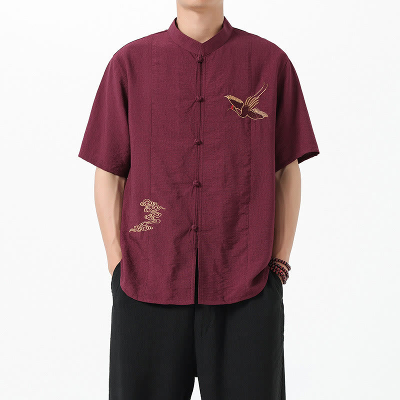 Chemise en coton pour homme, manches mi-longues, col montant, broderie vintage, boutons, Buddha Stones - image 1