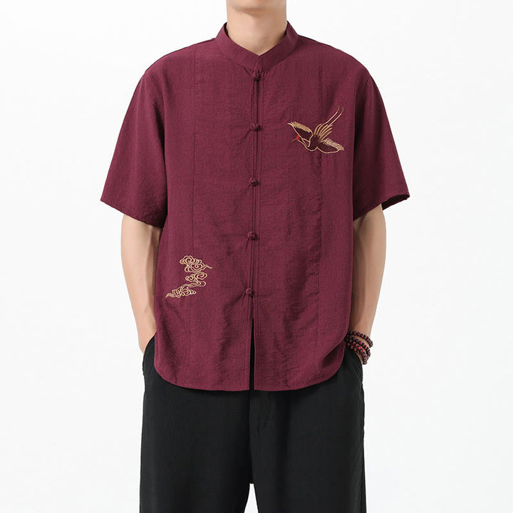 Chemise en coton pour homme, manches mi-longues, col montant, broderie vintage, boutons, Buddha Stones - image 1