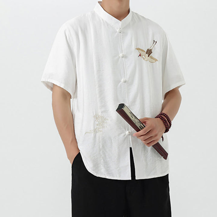 Chemise en coton pour homme, manches mi-longues, col montant, broderie vintage, boutons, Buddha Stones - image 14