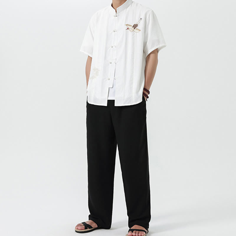 Chemise en coton pour homme, manches mi-longues, col montant, broderie vintage, boutons, Buddha Stones - image 19