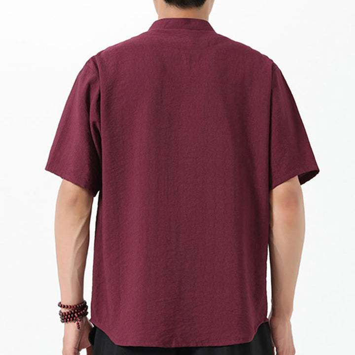 Chemise en coton pour homme, manches mi-longues, col montant, broderie vintage, boutons, Buddha Stones - image 3