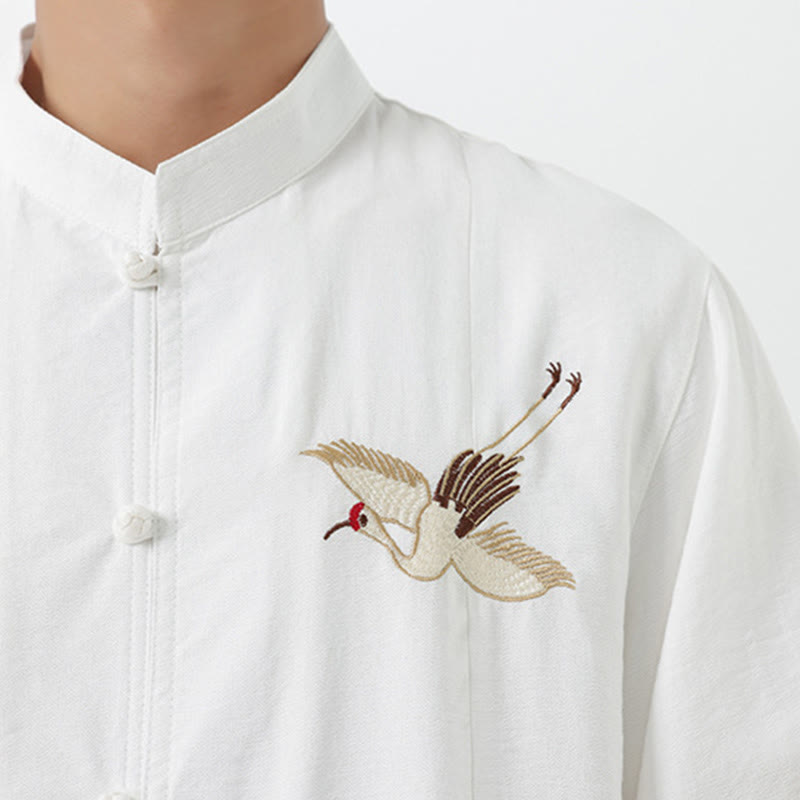 Chemise en coton pour homme, manches mi-longues, col montant, broderie vintage, boutons, Buddha Stones - image 17