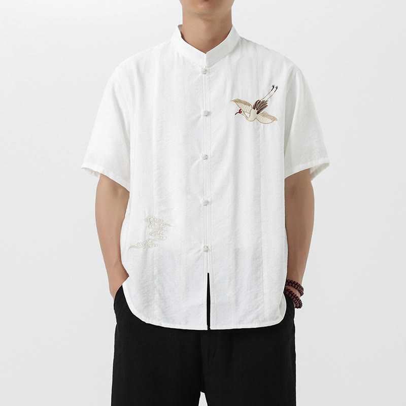 Chemise en coton pour homme, manches mi-longues, col montant, broderie vintage, boutons, Buddha Stones - Blanc - US/UK/AU42，EU52 (3XL) - image 9