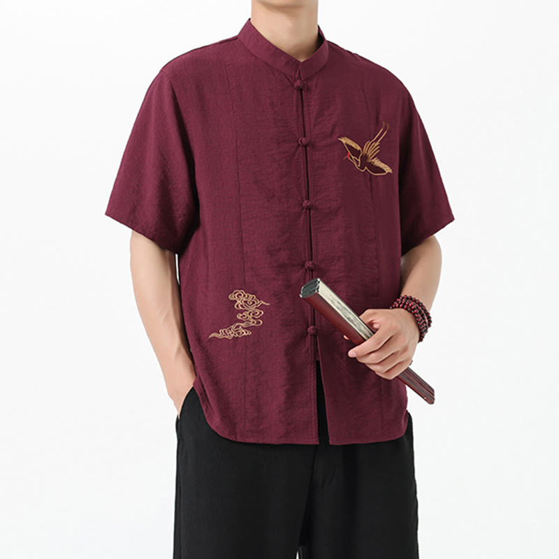 Chemise en coton pour homme, manches mi-longues, col montant, broderie vintage, boutons, Buddha Stones - image 6