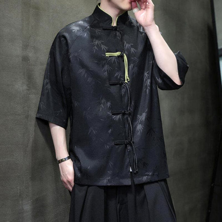 Chemise en coton pour homme, Buddha Stones jacquard de bambou, manches trois-quarts, boutons grenouille - image 6