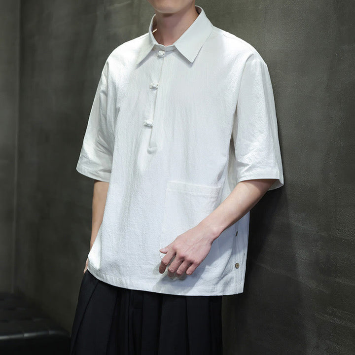 Chemise homme en coton et lin à manches mi-longues et poche, motif Buddha Stones Commute - Blanc - US/UK/AU46，EU56 (5XL) - image 1